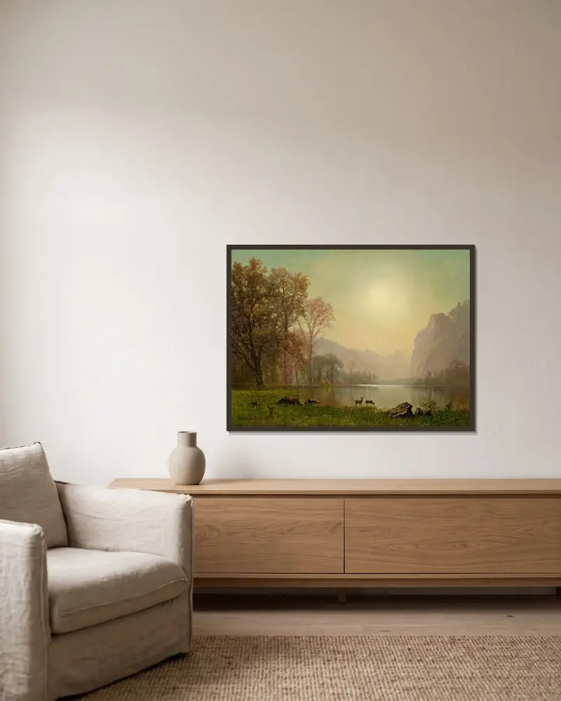 Dawn in the Rockies av Albert Bierstadt inramad på en vägg