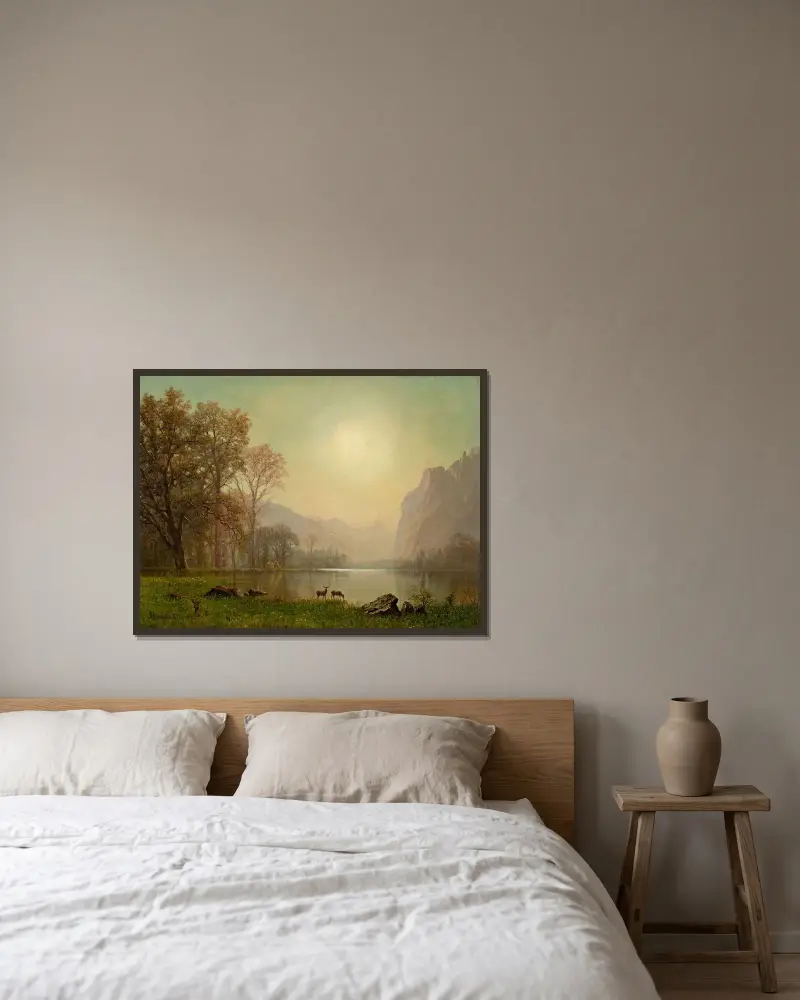 Dawn in the Rockies av Albert Bierstadt inramad på en vägg