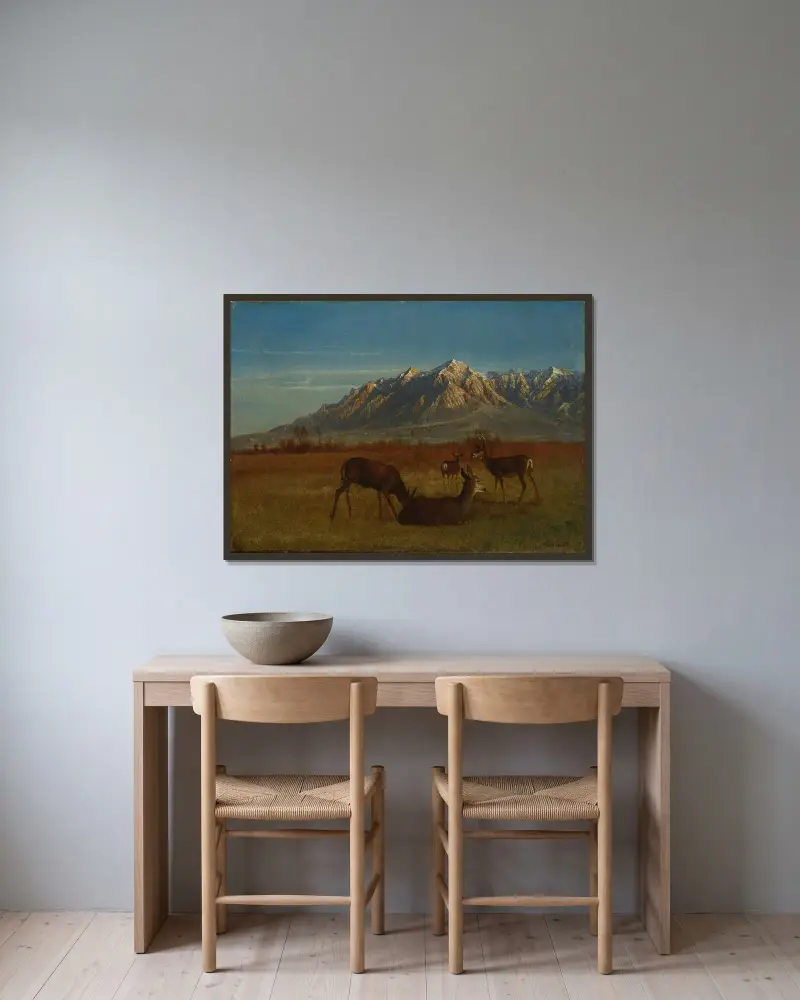 Hjort i bergshem av Albert Bierstadt inramad på en vägg