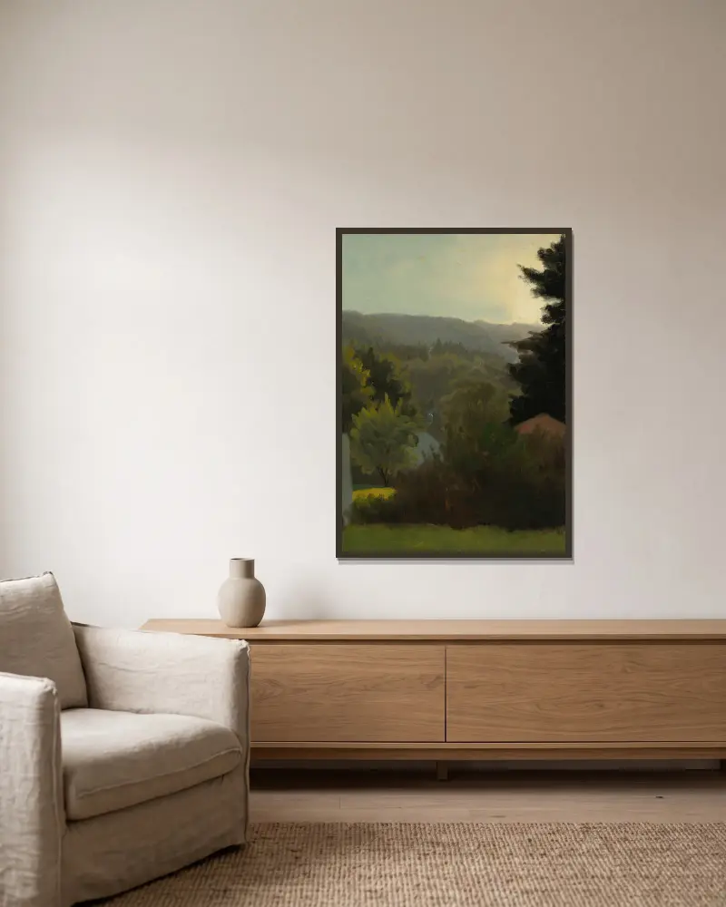 Bewaldete Hügel von Albert Bierstadt gerahmt an einer Wand