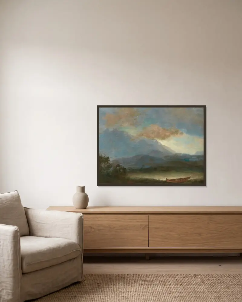 Indiankanot vid sjöstranden av Albert Bierstadt inramad på en vägg