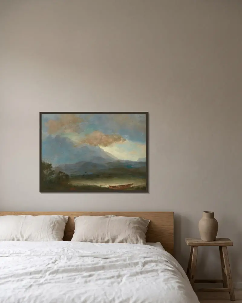 Indiankanot vid sjöstranden av Albert Bierstadt inramad på en vägg