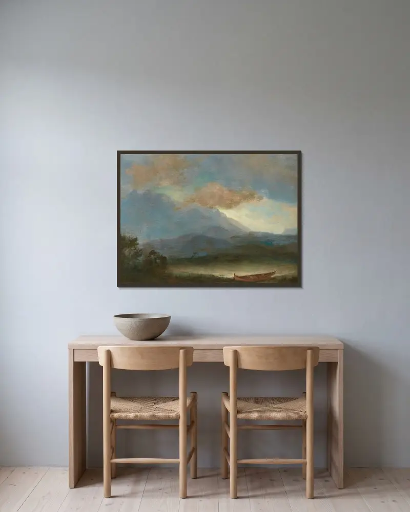 Indiankanot vid sjöstranden av Albert Bierstadt inramad på en vägg