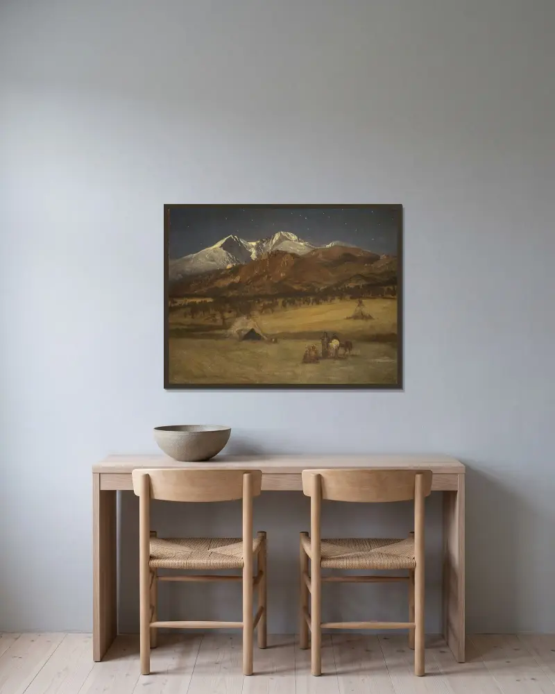 Indianskt läger – kväll av Albert Bierstadt inramad på en vägg