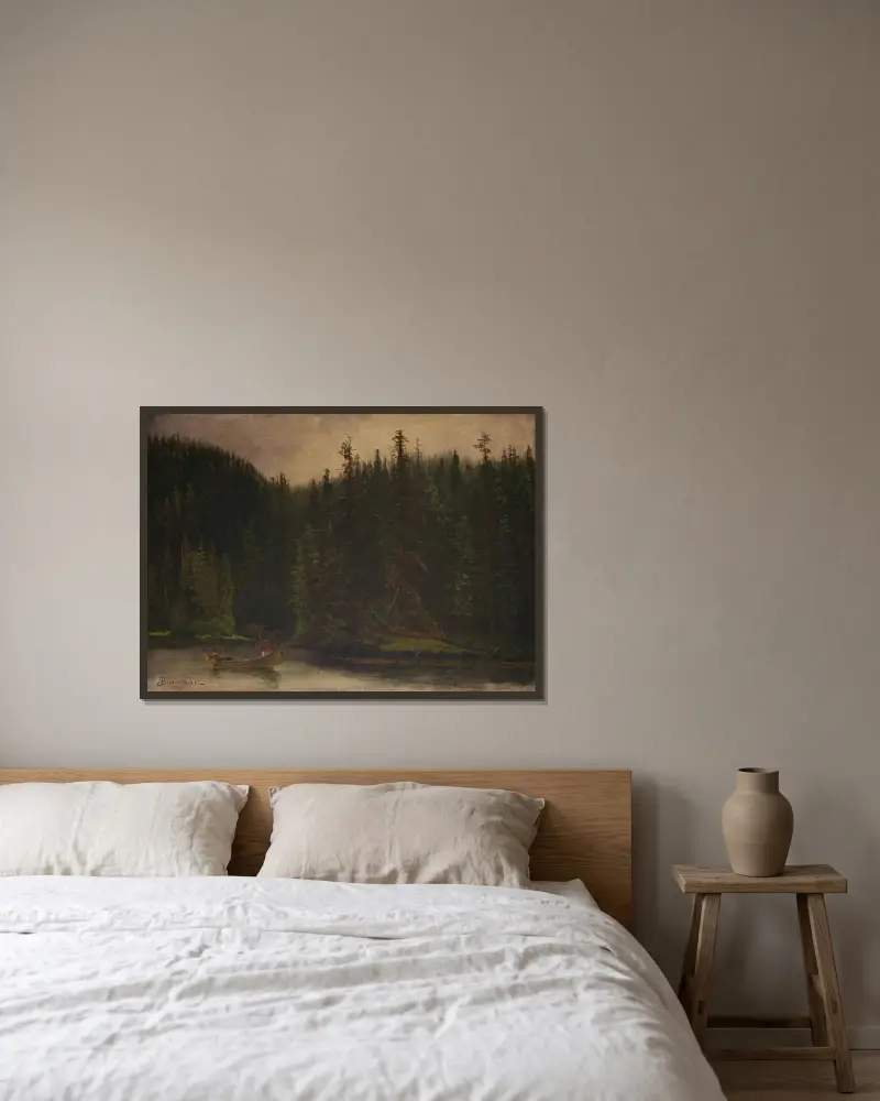 Indianiska jägare i kanot av Albert Bierstadt inramad på en vägg