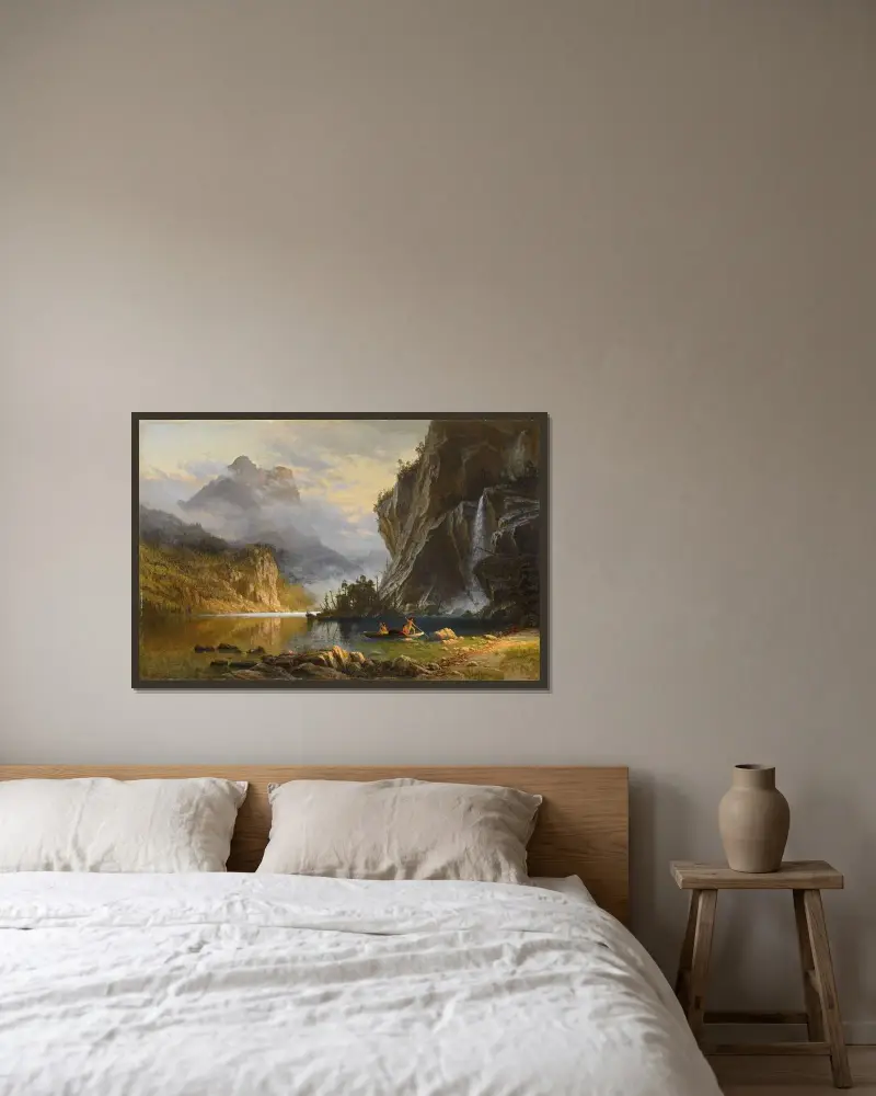 Indianer spjutfiskar av Albert Bierstadt inramad på en vägg