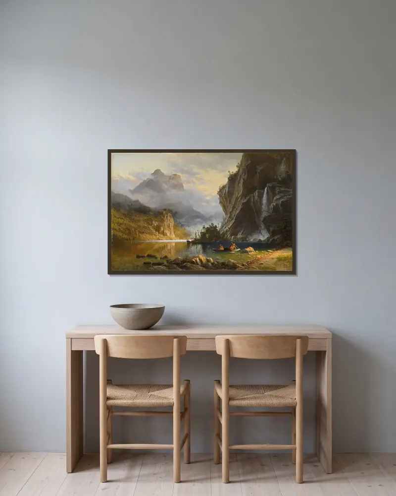 Indianer spjutfiskar av Albert Bierstadt inramad på en vägg