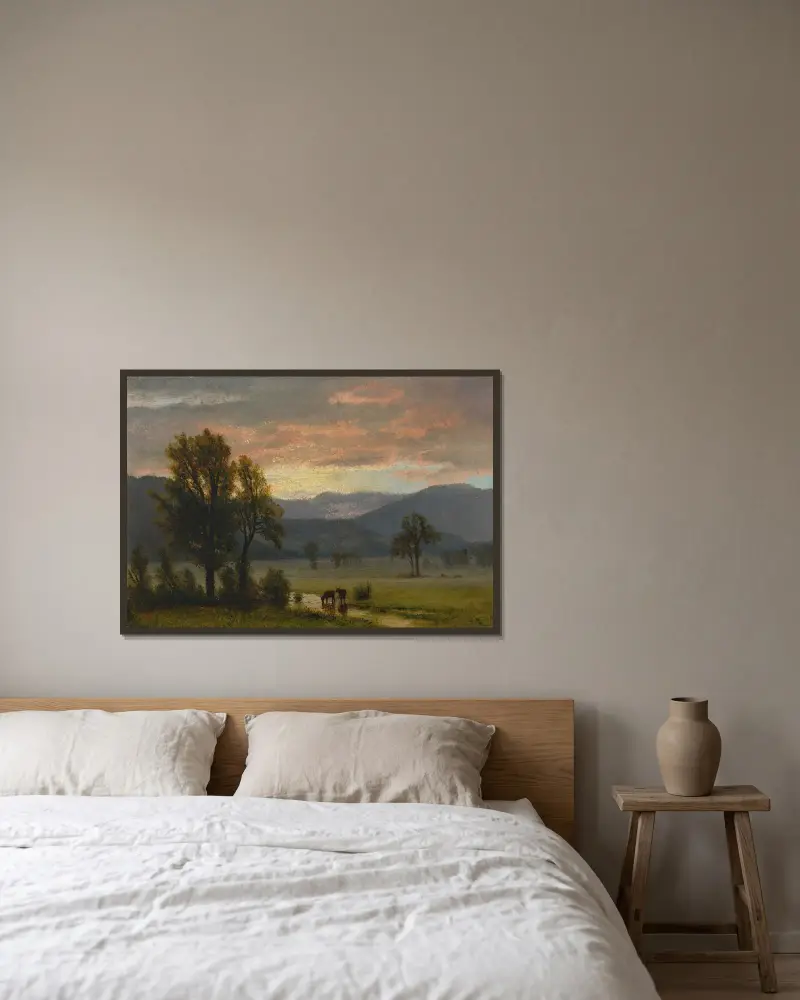 Landskap med boskap av Albert Bierstadt inramad på en vägg