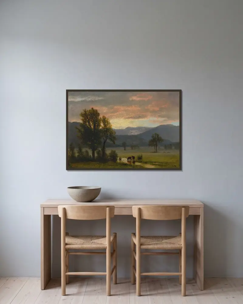Landskap med boskap av Albert Bierstadt inramad på en vägg