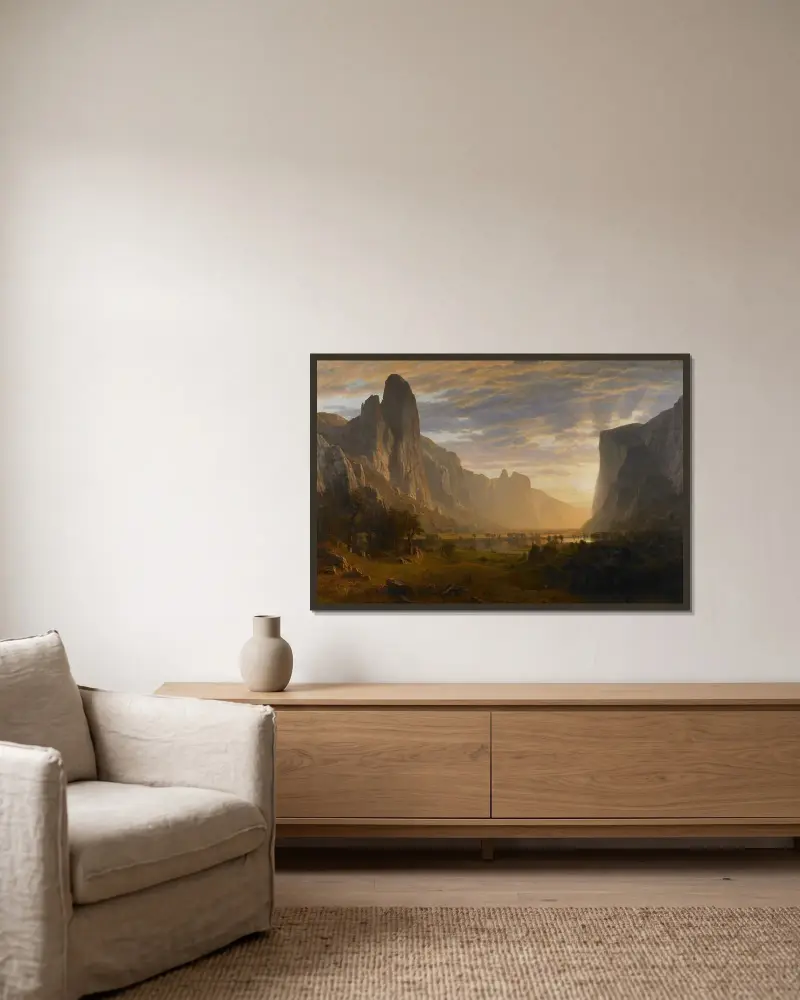 Utsikt över Yosemitedalen, Kalifornien av Albert Bierstadt inramad på en vägg