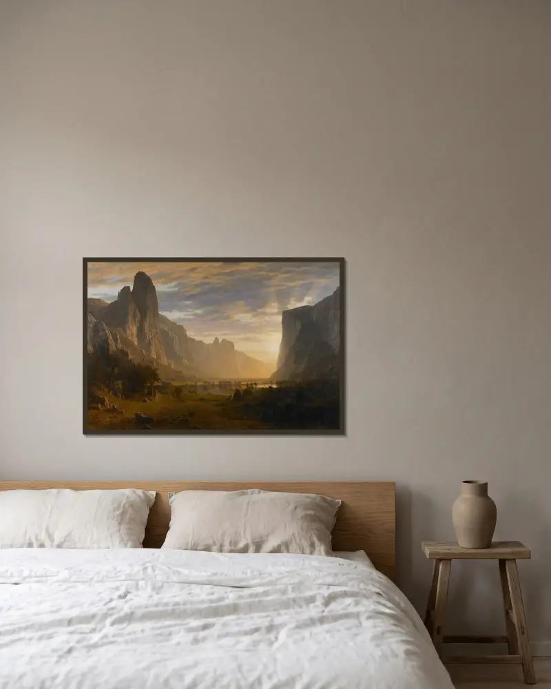 Utsikt över Yosemitedalen, Kalifornien av Albert Bierstadt inramad på en vägg