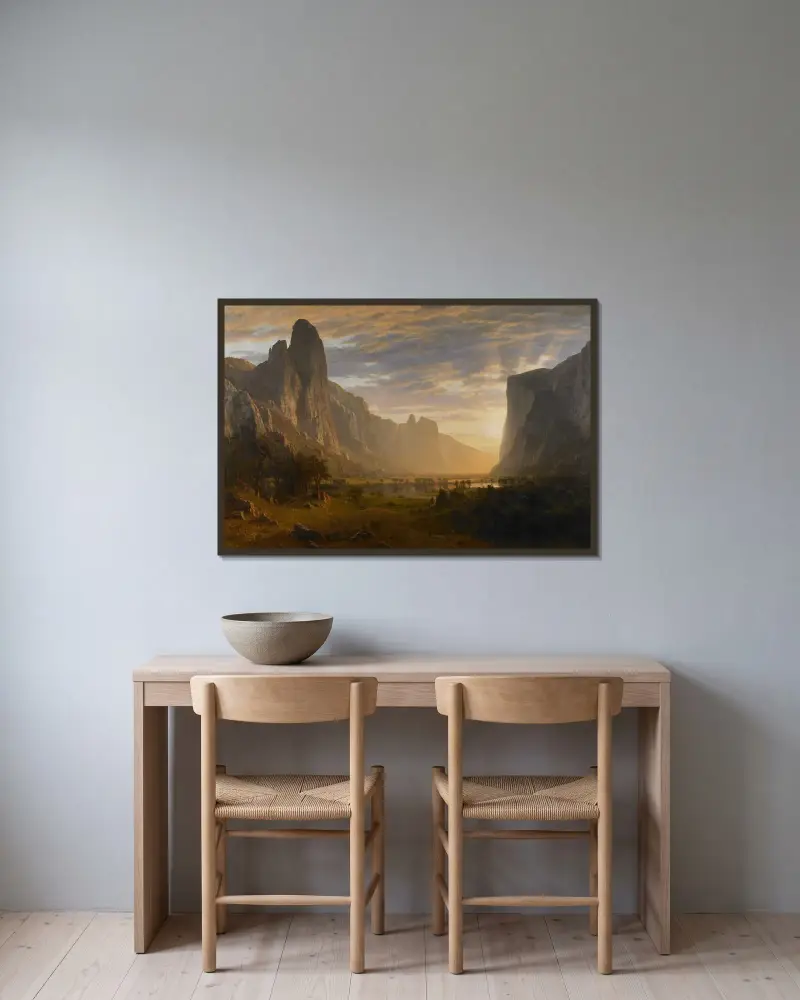 Utsikt över Yosemitedalen, Kalifornien av Albert Bierstadt inramad på en vägg