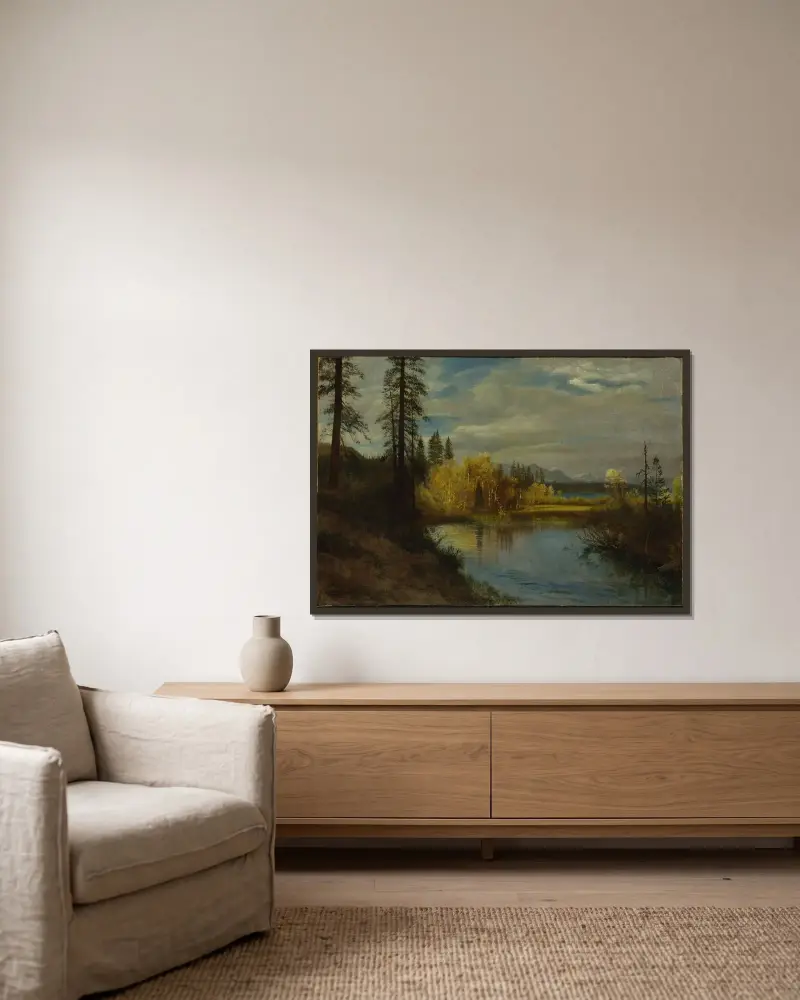 Utlopp vid Lake Tahoe av Albert Bierstadt inramad på en vägg