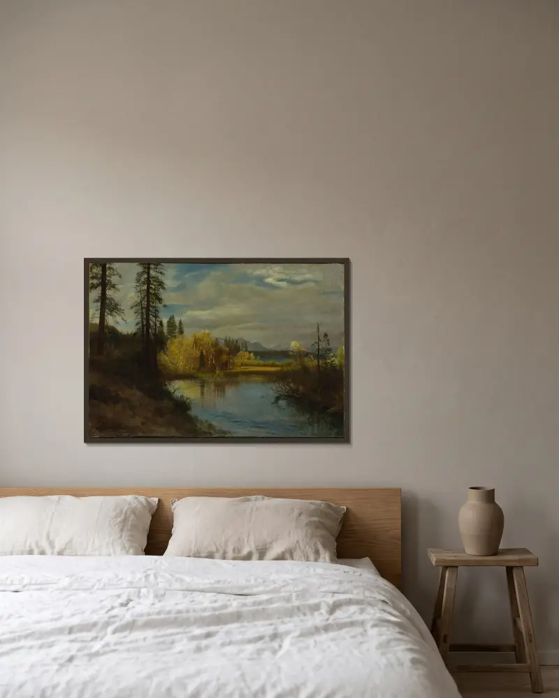 Utlopp vid Lake Tahoe av Albert Bierstadt inramad på en vägg