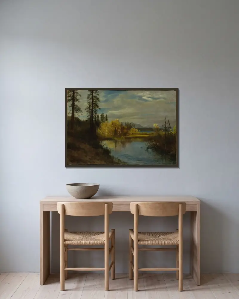 Utlopp vid Lake Tahoe av Albert Bierstadt inramad på en vägg