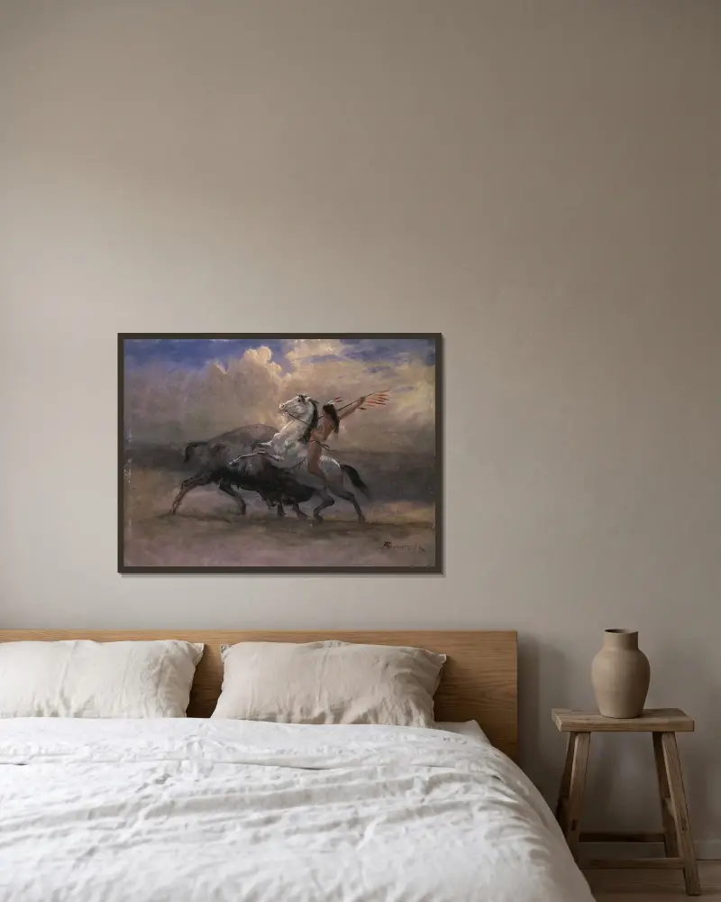 Skiss till 'The Last of the Buffalo' av Albert Bierstadt inramad på en vägg