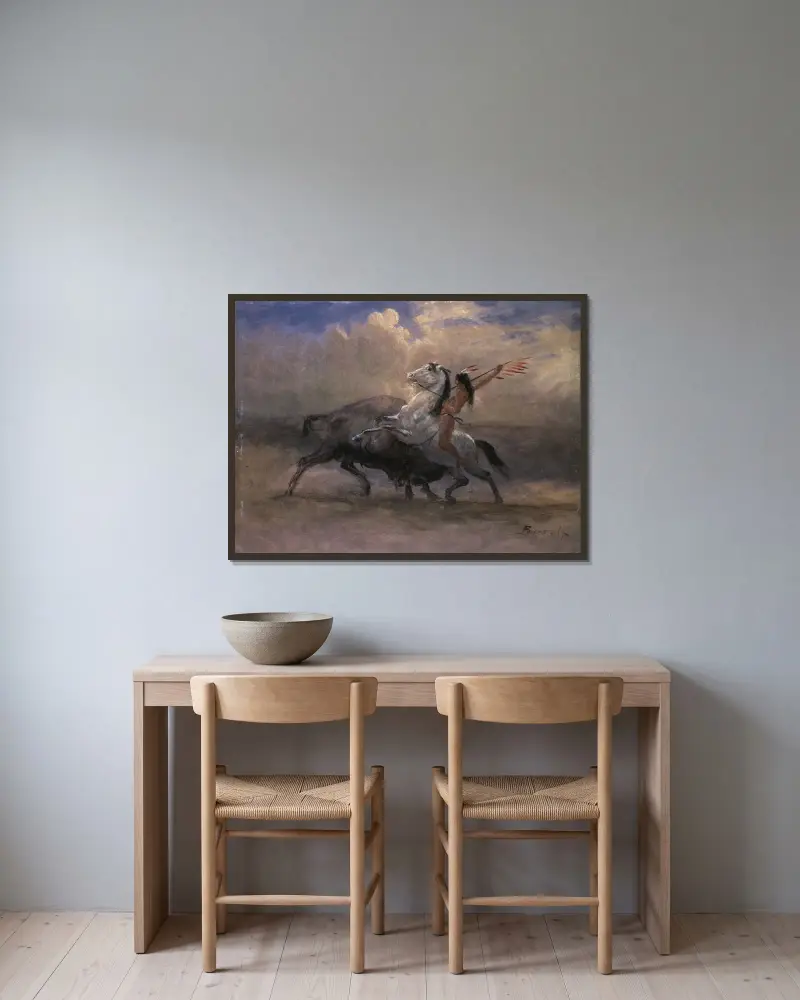 Skiss till 'The Last of the Buffalo' av Albert Bierstadt inramad på en vägg