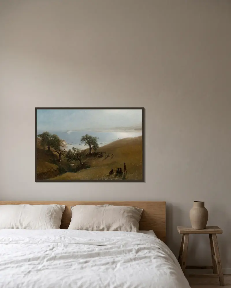 Studie inför Entrén till Monterey av Albert Bierstadt inramad på en vägg