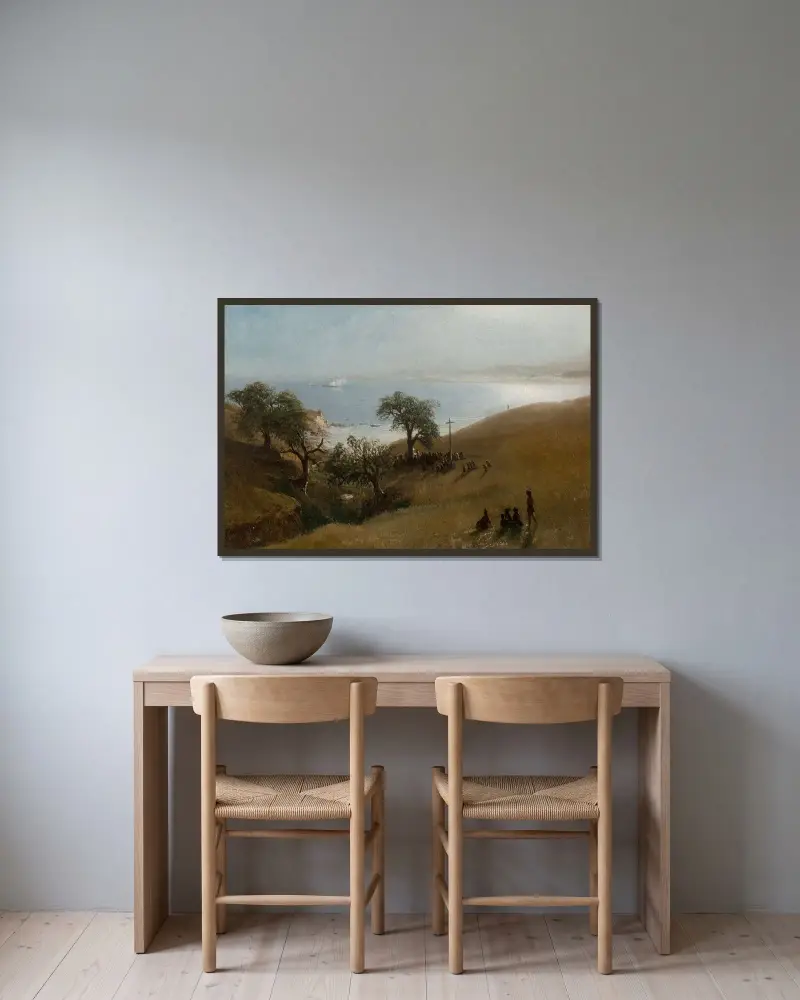 Studie inför Entrén till Monterey av Albert Bierstadt inramad på en vägg