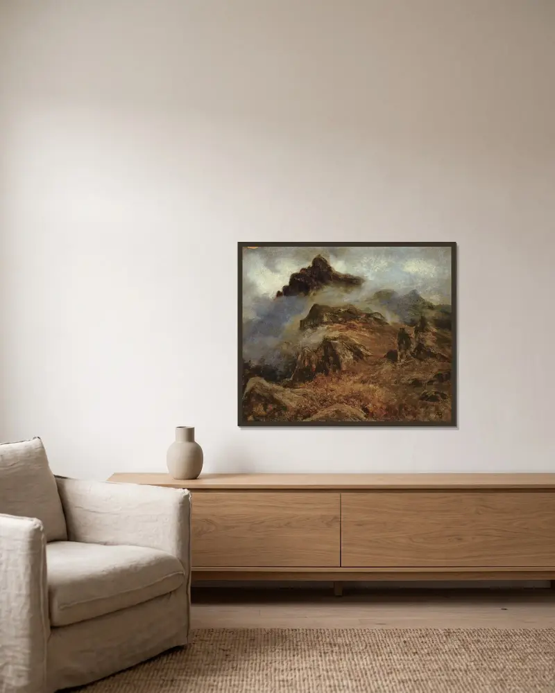 Studie av Klippiga bergen av Albert Bierstadt inramad på en vägg