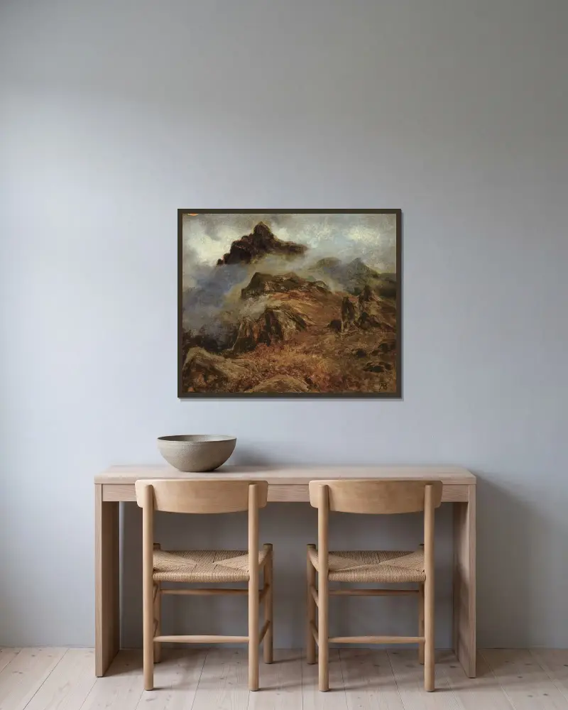 Studie av Klippiga bergen av Albert Bierstadt inramad på en vägg
