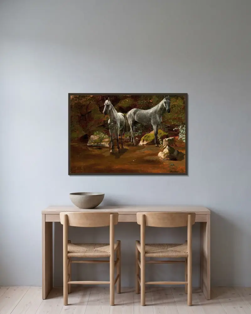 Studie av vilda hästar av Albert Bierstadt inramad på en vägg