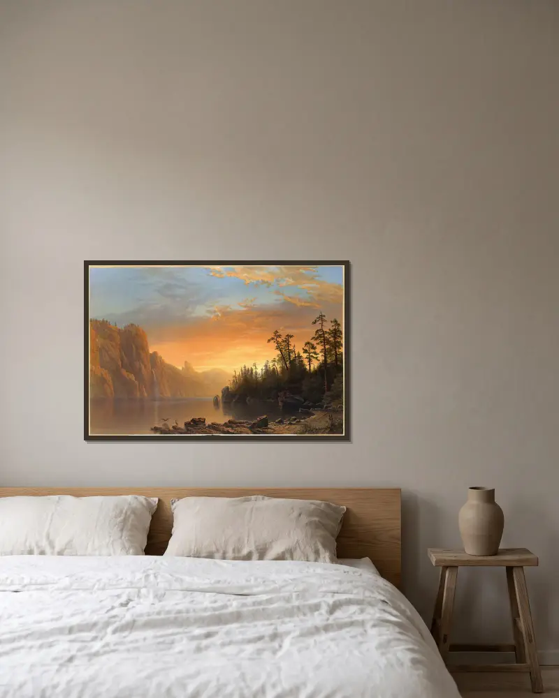 Sunset in California av Albert Bierstadt inramad på en vägg