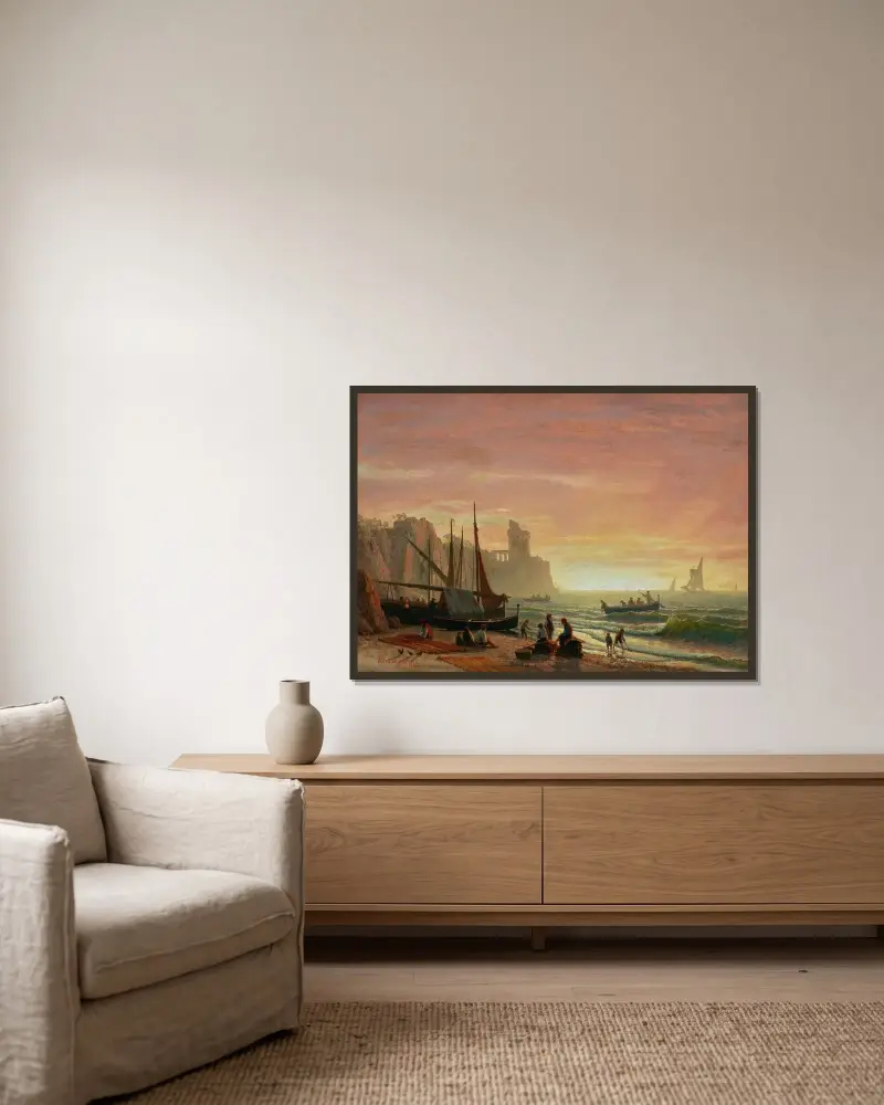 Fiskeflottan av Albert Bierstadt inramad på en vägg