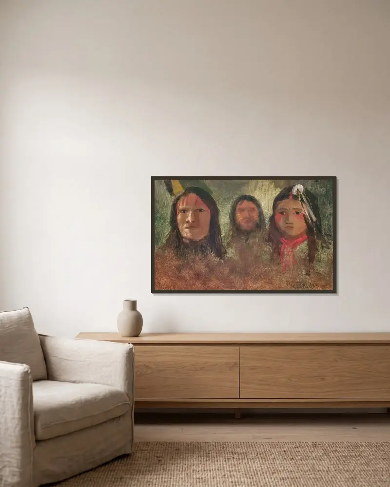 Tre indianer av Albert Bierstadt inramad på en vägg