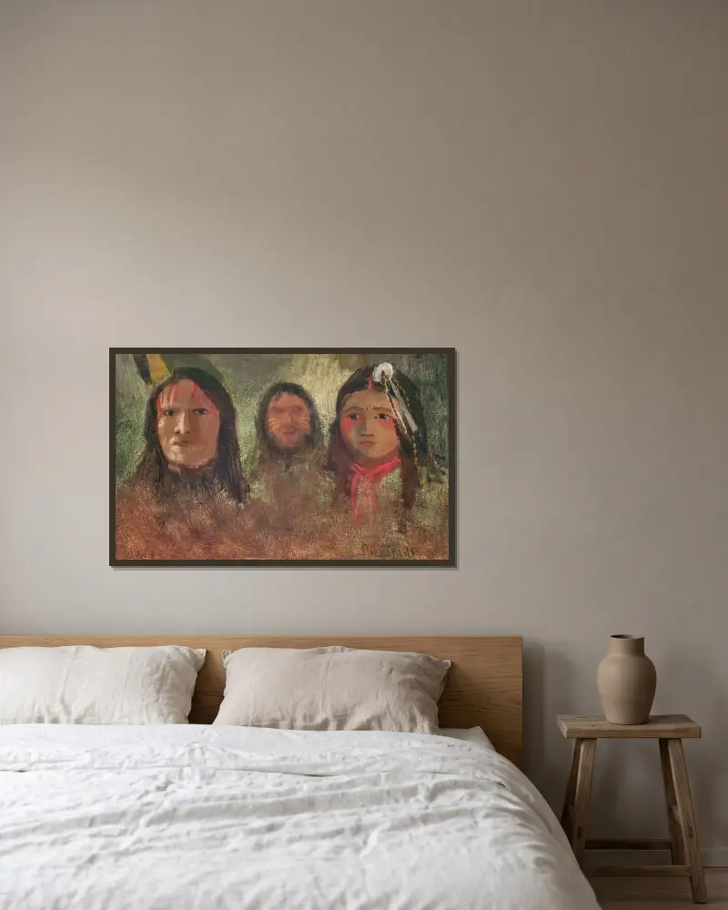 Tre indianer av Albert Bierstadt inramad på en vägg