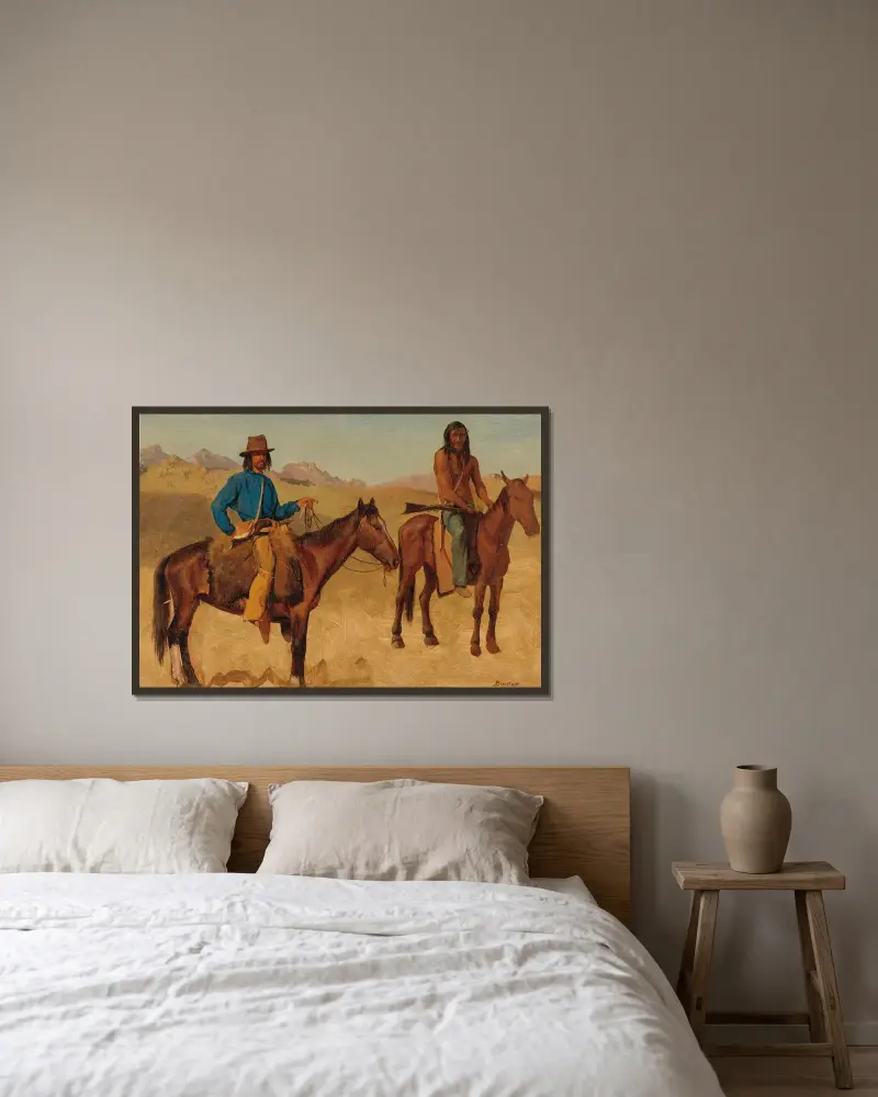 Spejare och indiansk vägvisare till häst av Albert Bierstadt inramad på en vägg