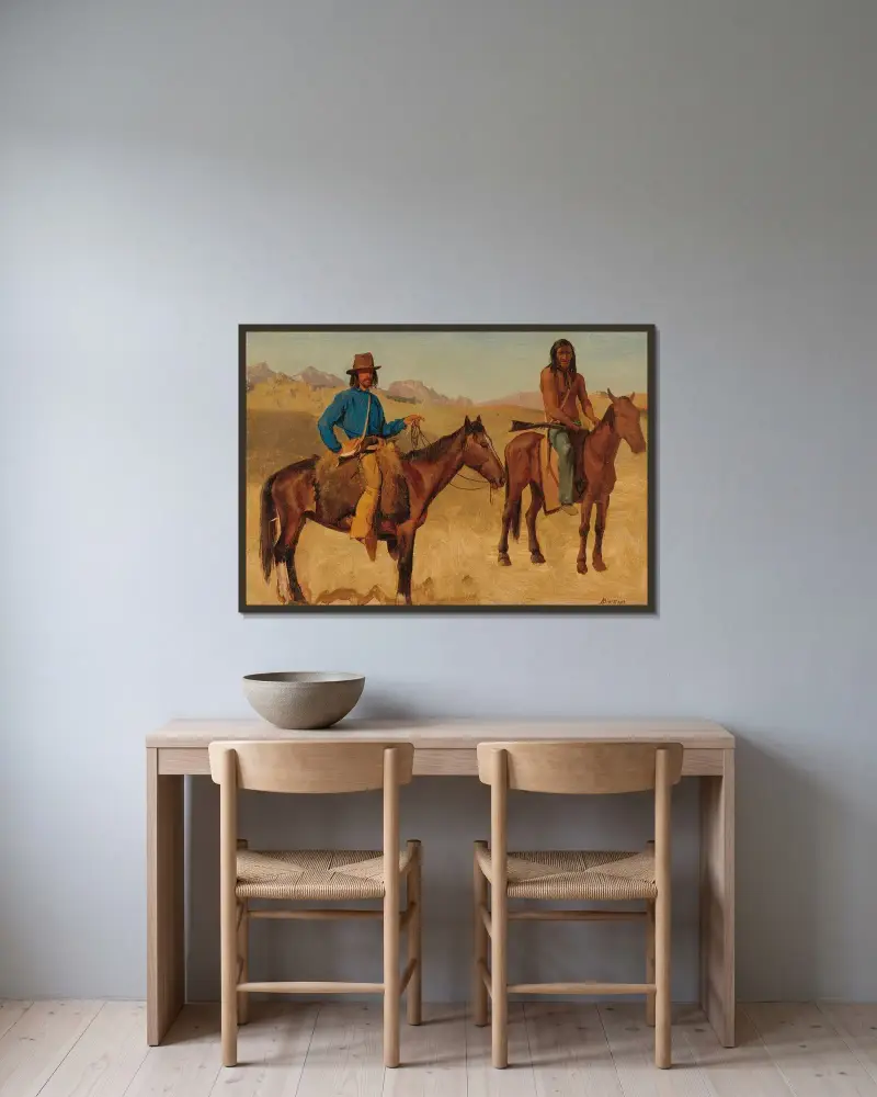 Spejare och indiansk vägvisare till häst av Albert Bierstadt inramad på en vägg