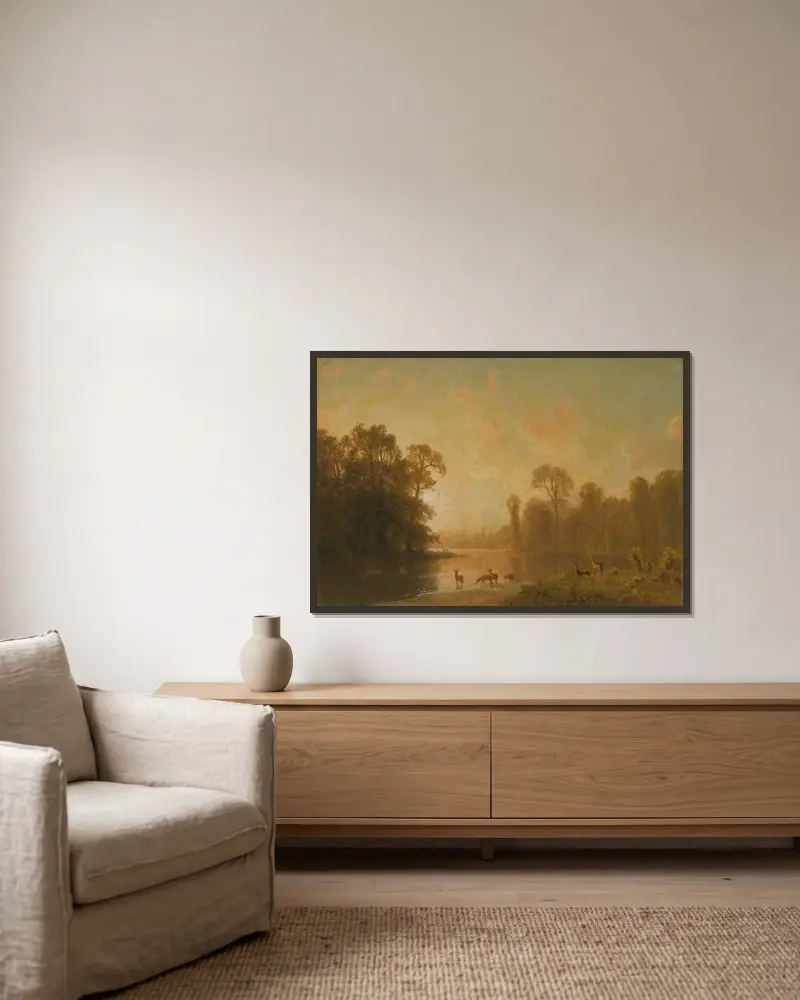 Dämmerung mit Hirschen von Albert Bierstadt gerahmt an einer Wand