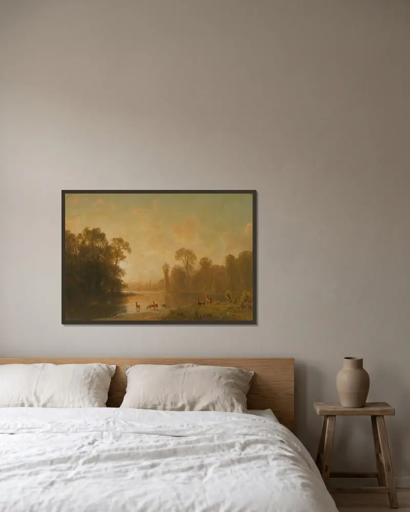 Dämmerung mit Hirschen von Albert Bierstadt gerahmt an einer Wand
