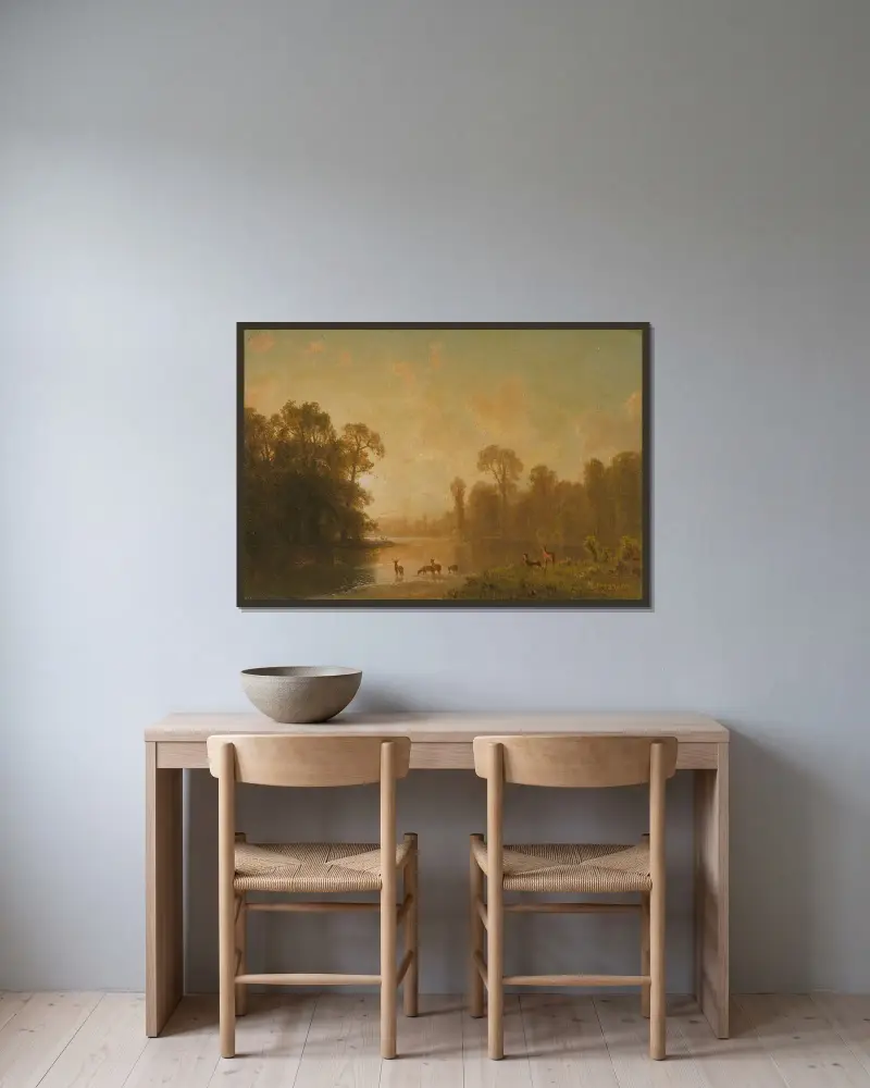 Dämmerung mit Hirschen von Albert Bierstadt gerahmt an einer Wand