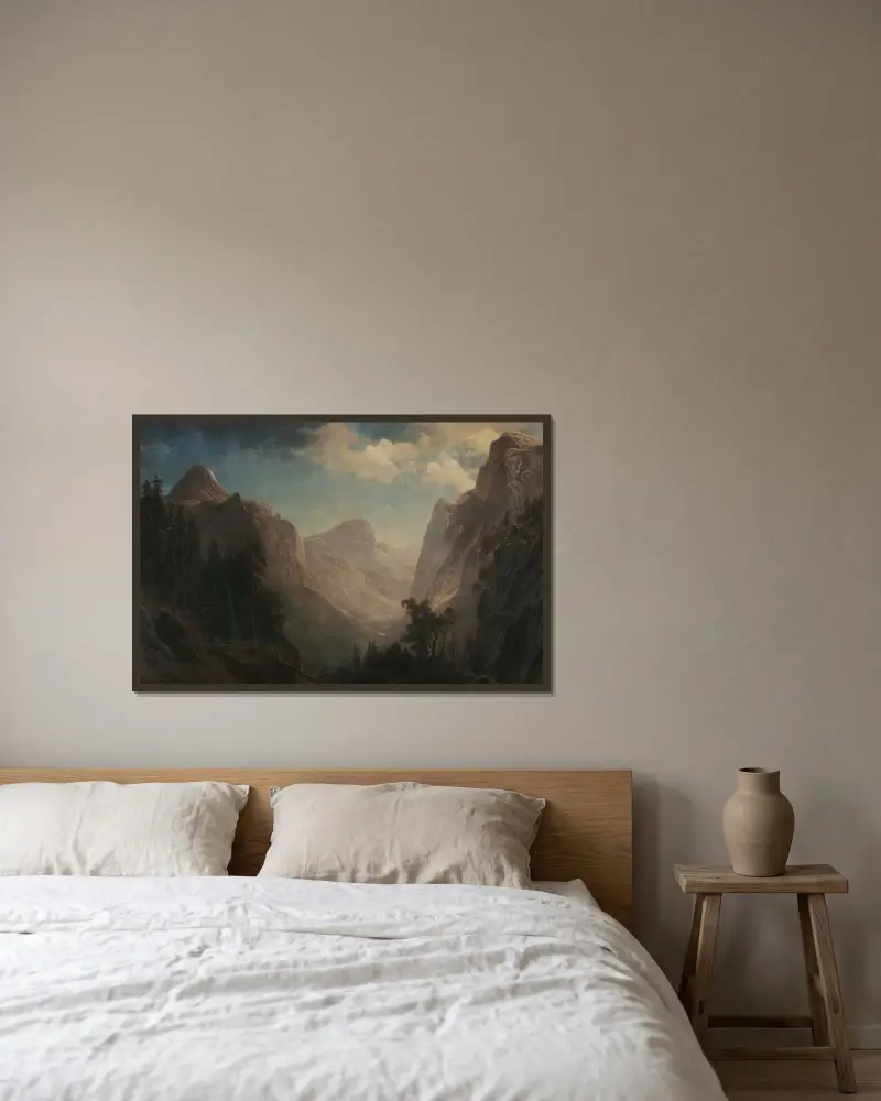 Vy i Yosemitedalen av Albert Bierstadt inramad på en vägg