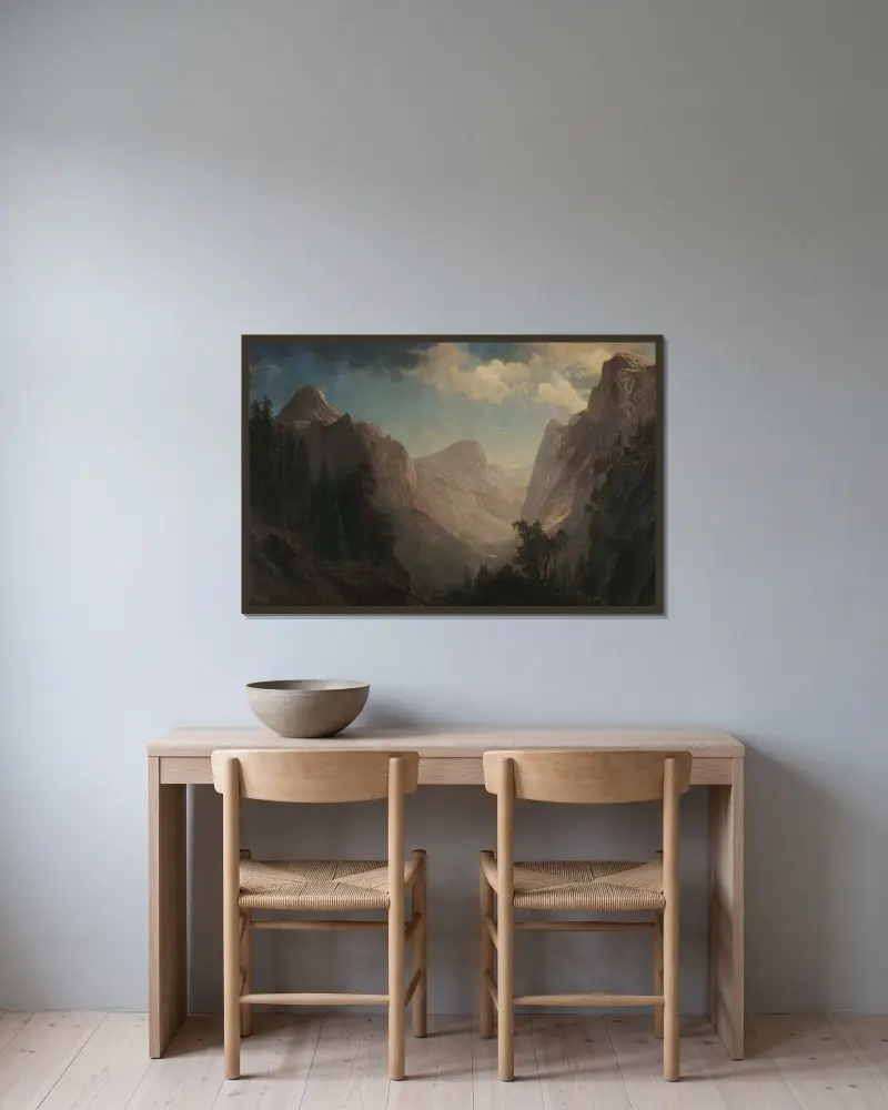 Vy i Yosemitedalen av Albert Bierstadt inramad på en vägg