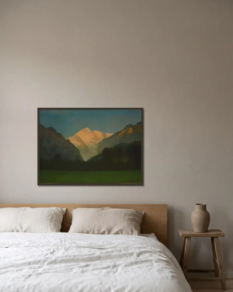 Vy över Glacier Park eller solnedgång över bergstopp av Albert Bierstadt inramad på en vägg