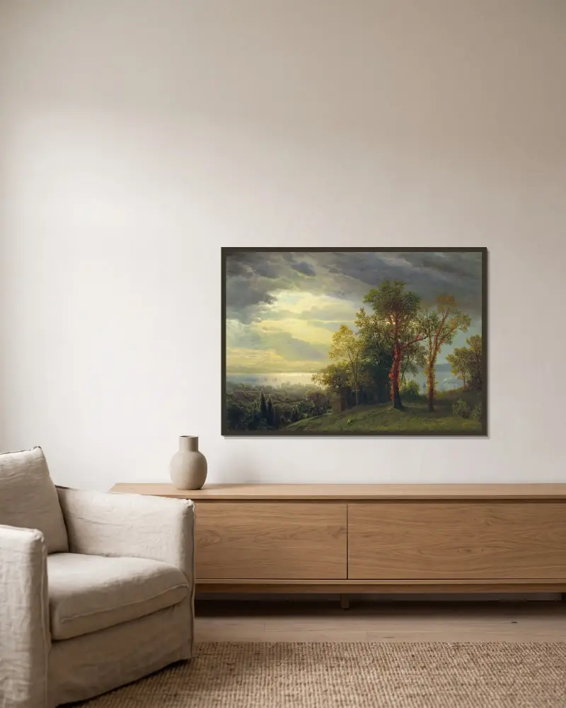 Vy över Hudson av Albert Bierstadt inramad på en vägg