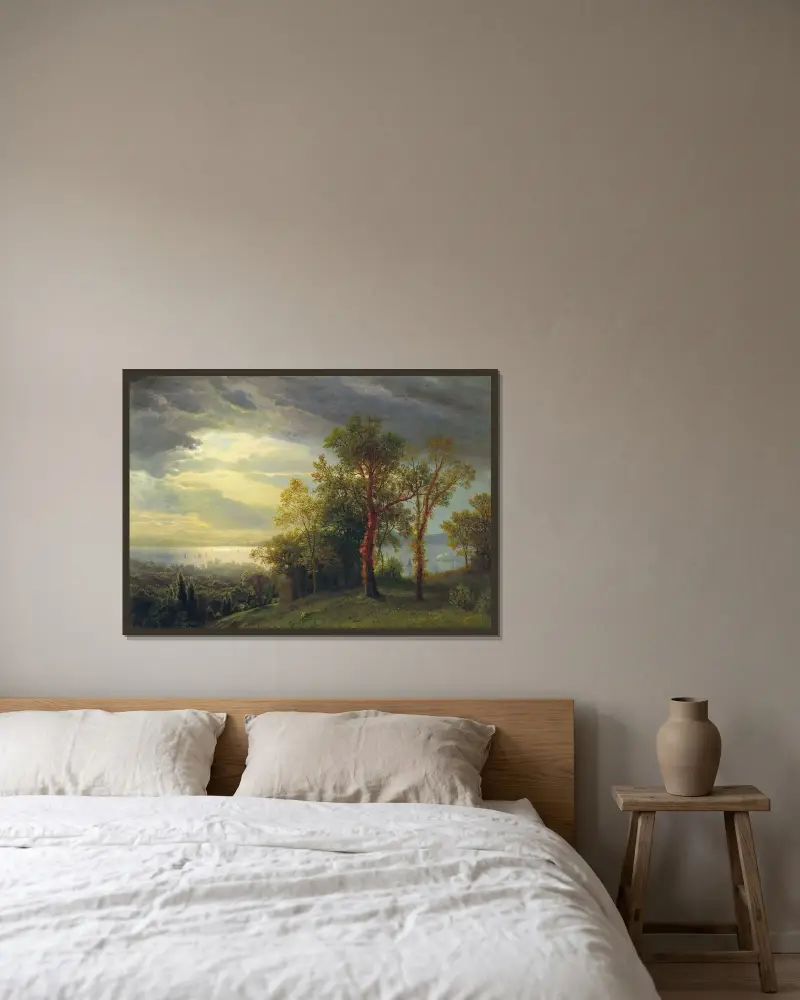 Vy över Hudson av Albert Bierstadt inramad på en vägg