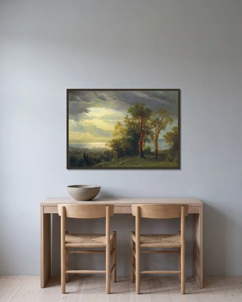Vy över Hudson av Albert Bierstadt inramad på en vägg