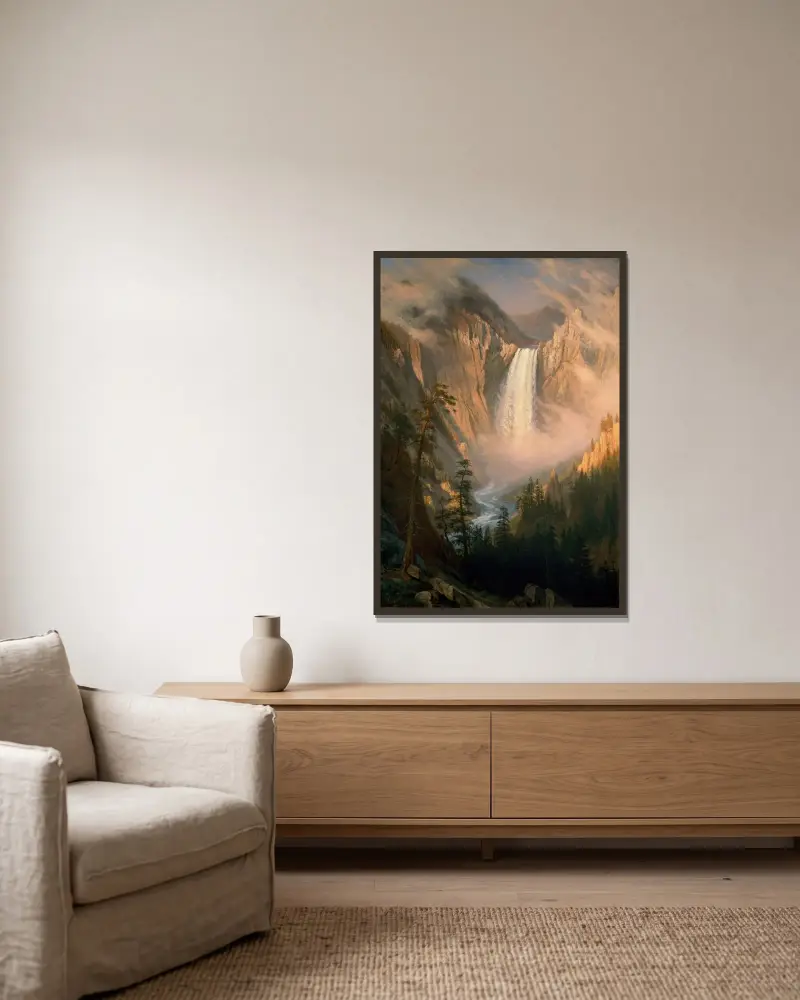 Yellowstone Falls av Albert Bierstadt inramad på en vägg