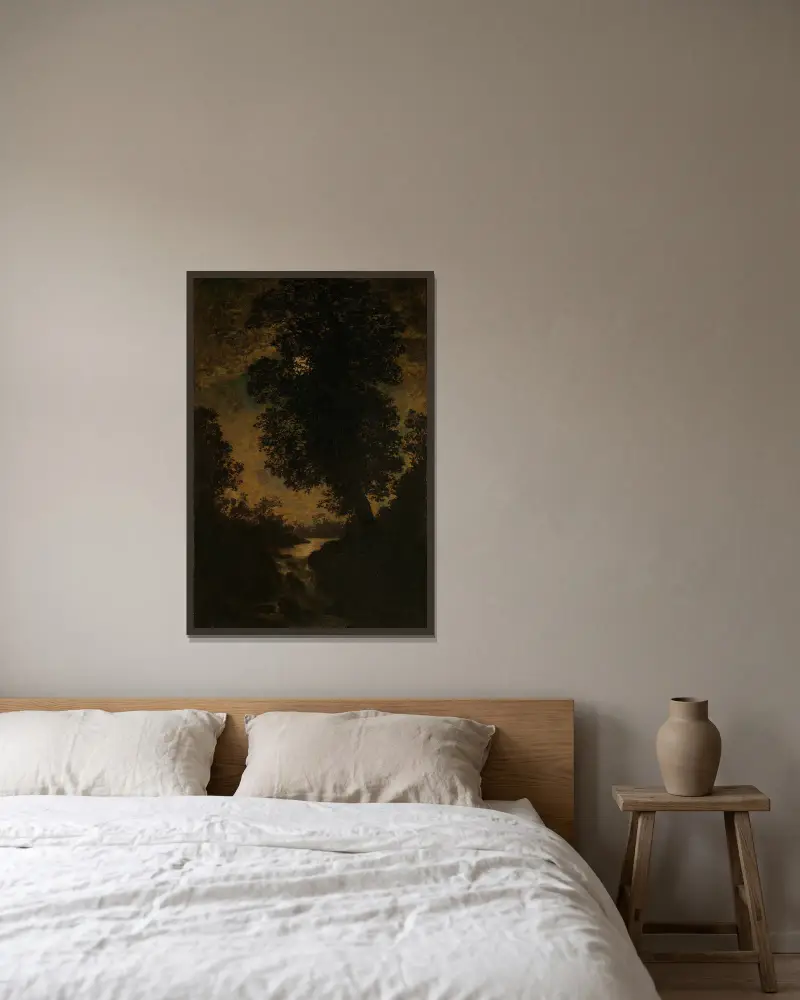 Ein Wasserfall im Mondschein von Ralph Albert Blakelock gerahmt an einer Wand
