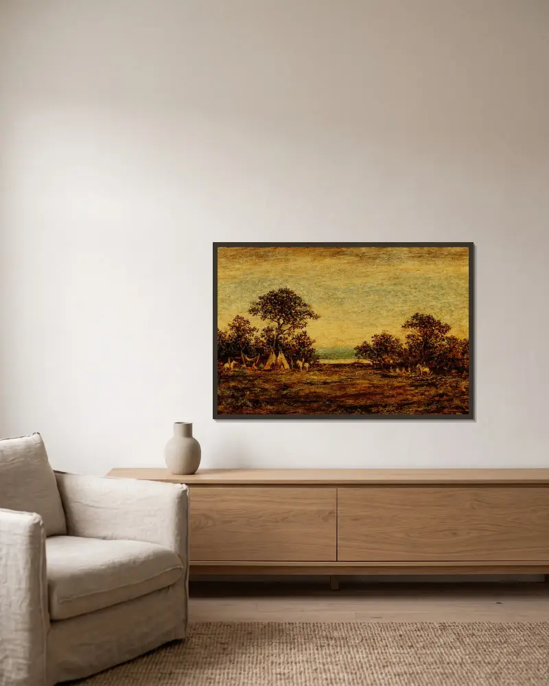 Indianerlager von Ralph Albert Blakelock gerahmt an einer Wand