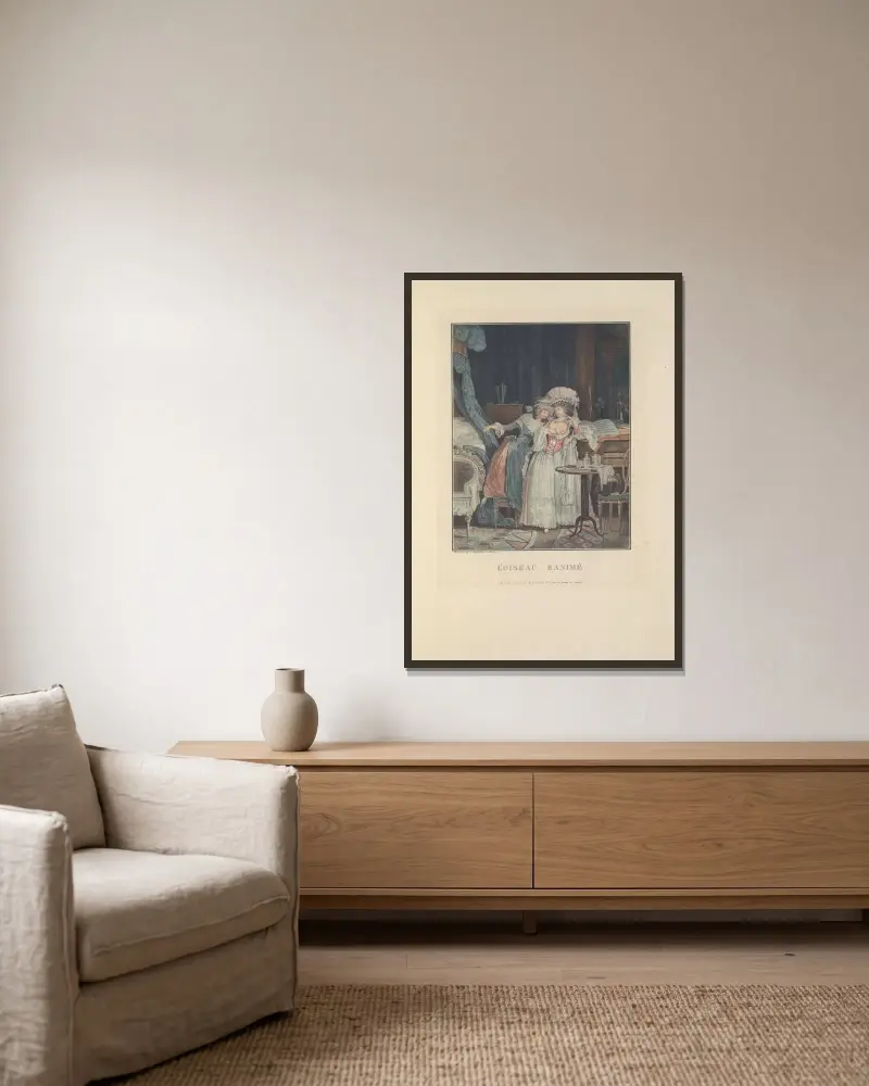 L’Oiseau Ranimé (P. J. L. Debucourt) av Albert Christophle inramad på en vägg