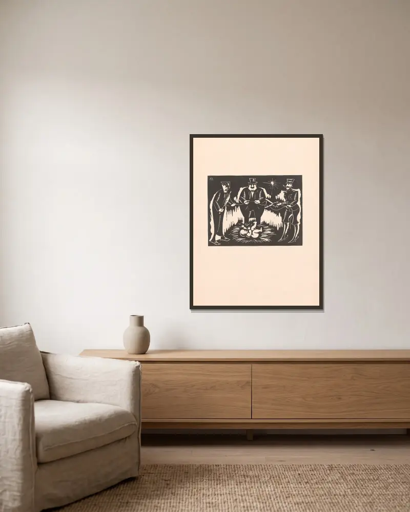 Ein Kind ist geboren von Albert Daenens gerahmt an einer Wand