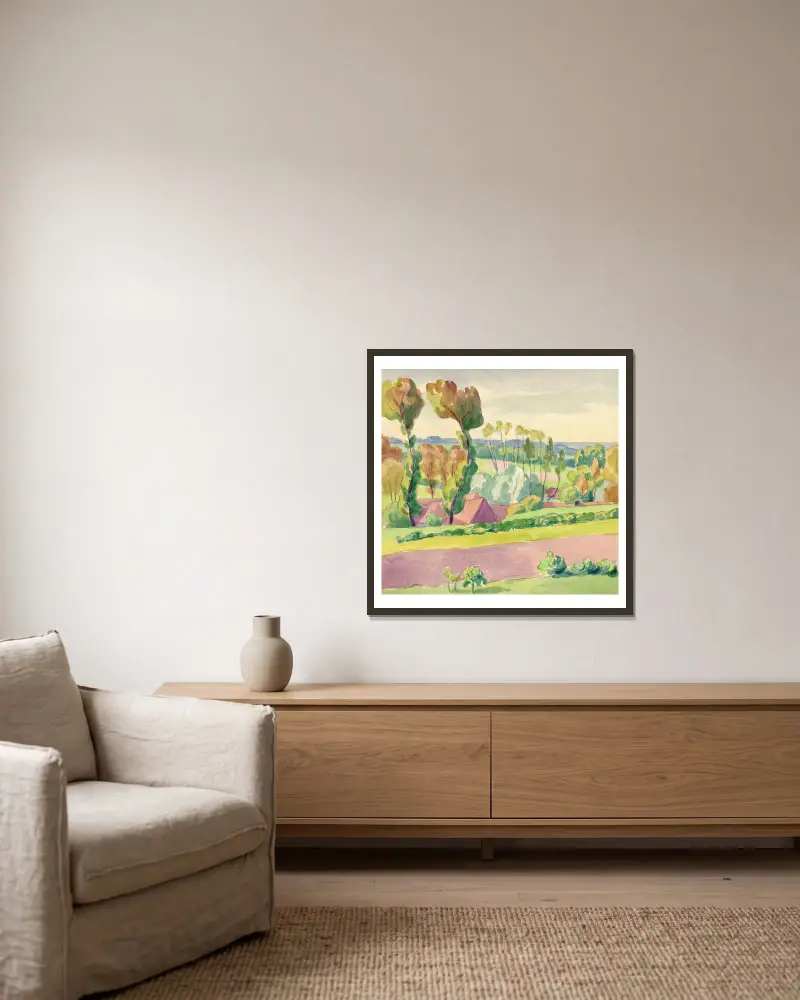 Landschap in aquarel – nr 1 av Albert Daenens inramad på en vägg