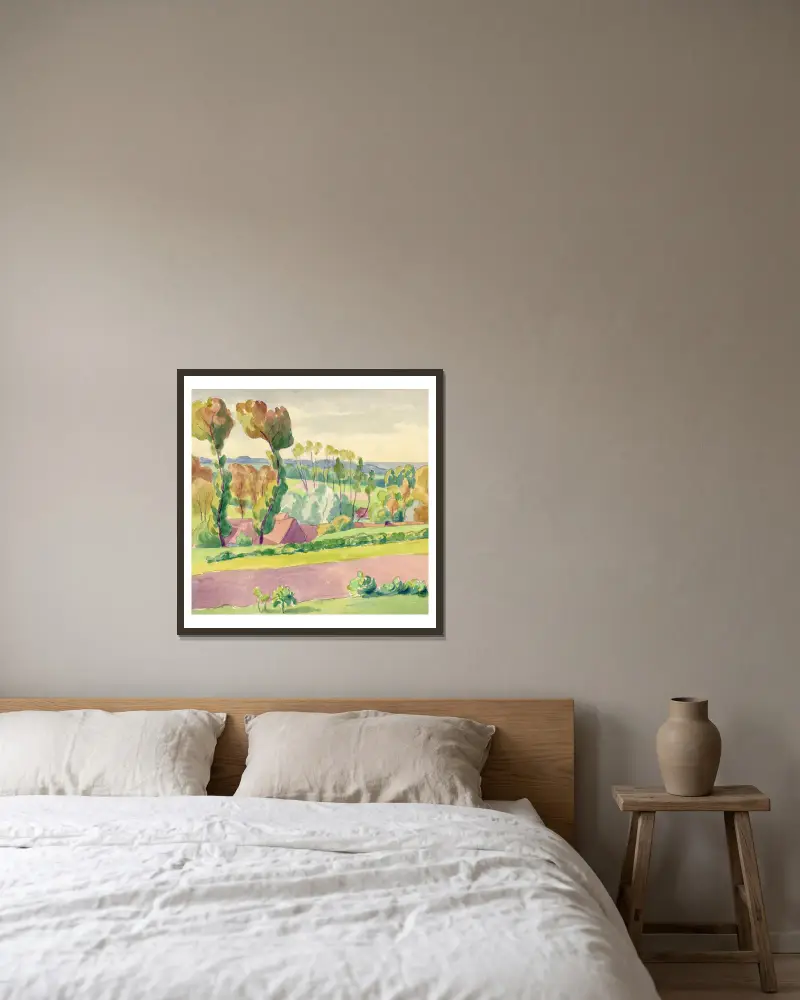 Landschap in aquarel – nr 1 av Albert Daenens inramad på en vägg