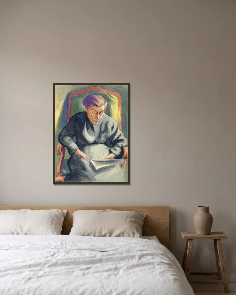 Oudere dame, lezend in haar stoel av Albert Daenens inramad på en vägg