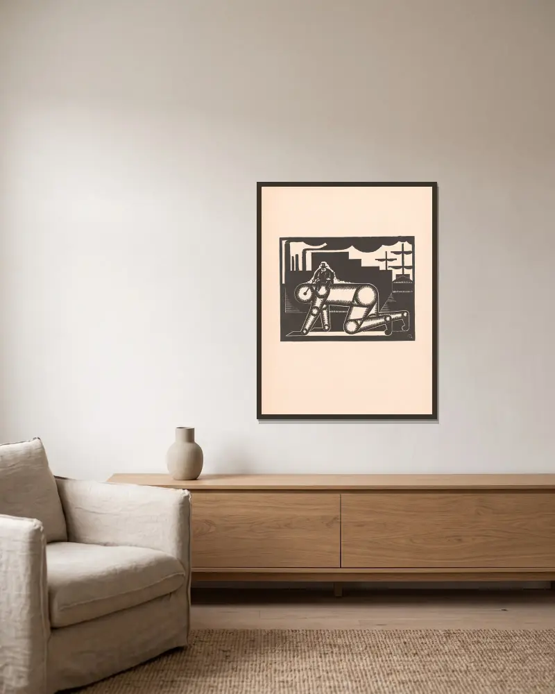Der Maschinenmensch von Albert Daenens gerahmt an einer Wand
